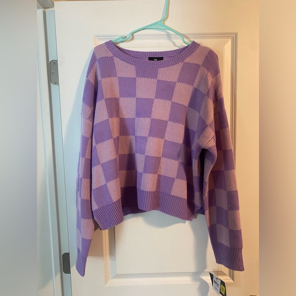 I.N. San Francisco Purple Crew Neck Sweater with Checkered Design